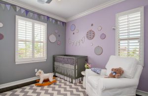 Lavender, gray and white in Baby girl room ideas not pink 